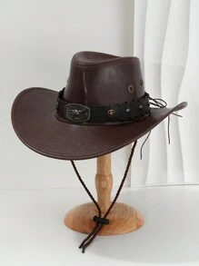 1pc Unisex Solid Color PU Leather Cowboy Hat With Unique 3D Metal Bull And Studded Star Decor, Adjustable Brim Width, New Vintage Cyberpunk Style, Perfect For Parties, Western Themed Events, Cosplay, Halloween, Music Festivals, Travel & Outdoor Activities