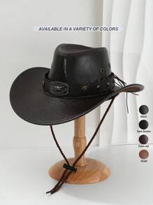 1pc Unisex Solid Color PU Leather Cowboy Hat With Unique 3D Metal Bull And Studded Star Decor, Adjustable Brim Width, New Vintage Cyberpunk Style, Perfect For Parties, Western Themed Events, Cosplay, Halloween, Music Festivals, Travel & Outdoor Activities