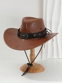 1pc Unisex Solid Color PU Leather Cowboy Hat With Unique 3D Metal Bull And Studded Star Decor, Adjustable Brim Width, New Vintage Cyberpunk Style, Perfect For Parties, Western Themed Events, Cosplay, Halloween, Music Festivals, Travel & Outdoor Activities