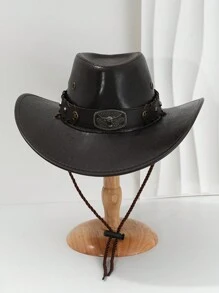 1pc Unisex Solid Color PU Leather Cowboy Hat With Unique 3D Metal Bull And Studded Star Decor, Adjustable Brim Width, New Vintage Cyberpunk Style, Perfect For Parties, Western Themed Events, Cosplay, Halloween, Music Festivals, Travel & Outdoor Activities
