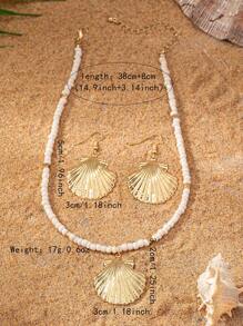 3 pièces Ensemble de collier et boucles d'oreilles de style décontracté de vacances à la plage personnalisé à la mode avec pendentif en coquillage, étoile de mer et faux perle pour femmes - Or jaune - Voir 10