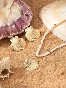 3 pièces Ensemble de collier et boucles d'oreilles de style décontracté de vacances à la plage personnalisé à la mode avec pendentif en coquillage, étoile de mer et faux perle pour femmes - Or jaune - Voir 6