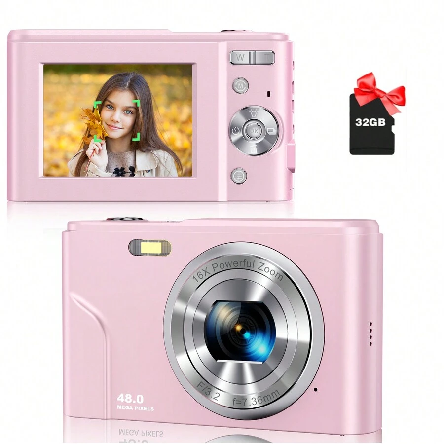 Máy ảnh kỹ thuật số tự động lấy nét,Máy ảnh nhỏ gọn FHD 1080P/48MP với thẻ nhớ 32GB,Máy ảnh cầm tay mini zoom kỹ thuật số 16X dành cho quà tặng ý tưởng cho người mới bắt đầu (Màu hồng) - Hồng - Xem 1