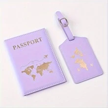 2入組護照套與行李牌套裝，PU皮護照夾，旅行皮夾內有卡槽，男女皆適用的行李箱牌，適用於露營等旅行用品 - 紫色 - 查看 1