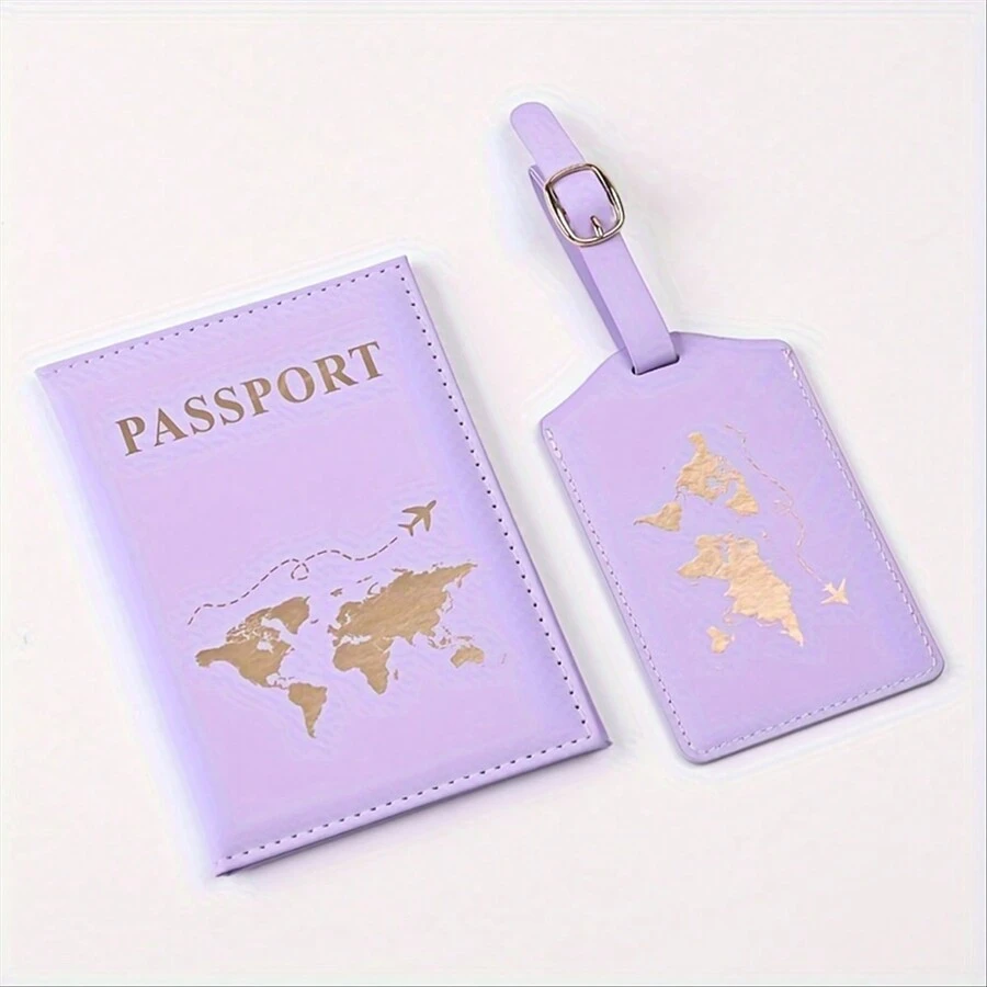 2入組護照套與行李牌套裝，PU皮護照夾，旅行皮夾內有卡槽，男女皆適用的行李箱牌，適用於露營等旅行用品 - 紫色 - 查看 1