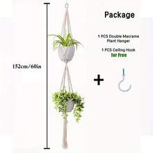 2 Layer Indoor Hanging Plant Pot Rack Hand Made - Modern Bohemian Home Decor With Ceiling Hook - Woven Flower Pot Hanger - Beige - View 3