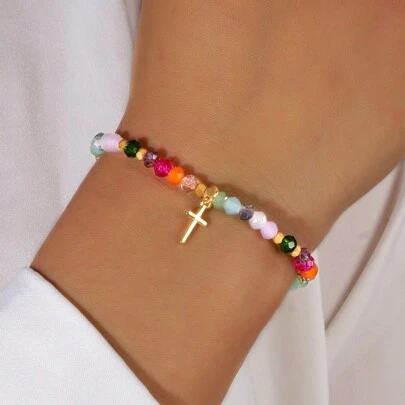 1pc New Fashion Vacuum Electroplated Cross & Square Gemstone Colorful Beaded Summer Bracelet, Elegant Gift For Women And Girls, Easter Gift, Comes With Blessing Card, Couple/Best Friend Gifts