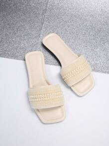 Sandalias planas de talla grande para mujeres, estilo de vacaciones, casuales y versátiles, decoradas con pedrería, zapatillas de verano - Blanco - Ver 3