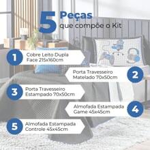 Kit Cobre Leito Colcha Infantil Game Streamer Dupla Face com Almofadas Estampadas SOLTEIRO 05 Peças - Quarto Gamer Juvenil Menino Estampa Videogame Geek Nerd