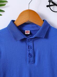 中性嬰兒純棉素色短袖 Polo 衫，修身舒適學院風 T-shirt，簡約優雅兒童基礎款衣飾 - 寶藍色 - 查看 4