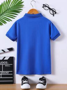 中性嬰兒純棉素色短袖 Polo 衫，修身舒適學院風 T-shirt，簡約優雅兒童基礎款衣飾 - 寶藍色 - 查看 3