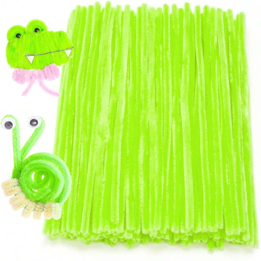 100 Bộ Làm Sạch Đường Ống Nhiều Màu Sắc, Thân Cây Chenille - huỳnh quang màu xanh lá cây - Xem 1