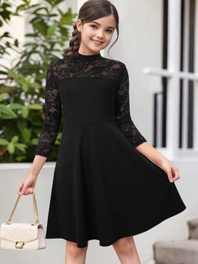Tween Girl Elegant Lace Spliced 3/4 Sleeve Party Dress