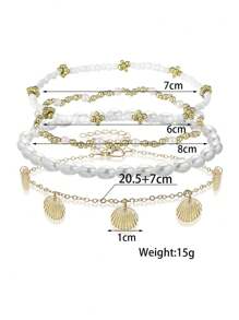 4 件套波西米亚风格贝壳、金属圈和珠子装饰脚链套装，适合女士，适合节日穿着