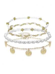 4 件套波西米亚风格贝壳、金属圈和珠子装饰脚链套装，适合女士，适合节日穿着