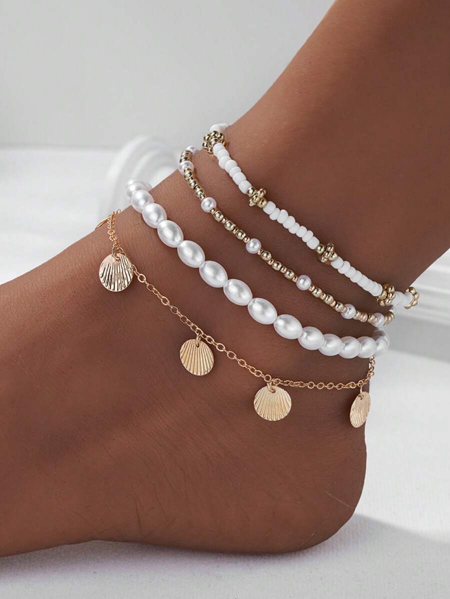 4 件套波西米亚风格贝壳、金属圈和珠子装饰脚链套装，适合女士，适合节日穿着