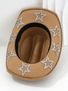 1pc Solid Unique Shiny Rhinestone Stars Hollow-Out Printed Cowboy Hat, Suitable For Parties, Western-Themed Activities, Gatherings, Engagement Parties, Role-Playing, Graduations, Costume Parties, Festivals, Weddings, Birthday Celebrations, Music Festivals, And Adult Ceremonies. Street Fashion, 2024 Wedding Essentials, Classy Aesthetic, Dinner Party Essentials, Perfect For Single Ladies And Cowgirls, Girlcore, Vintage, Floral, Spring Summer Bright Colors, Pink Aesthetic, Novelty Punk Style Wide Brim Hat. Halloween