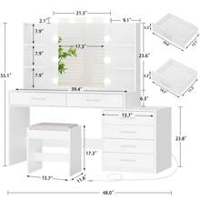 48" Large Vanity Desk With Mirror & Lights, Makeup Vanity With 6 Large Drawers & Power Strip, 4 Open Storage Shelves, Vanity Table Set 3 Lighting Modes Brightness Adjustable For Bedroom - White - View 6