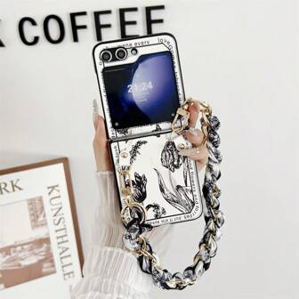 Cell Phone Lanyards Metal Chain Crossbody Bag With Hand-Painted Vintage Ink Flower Pattern, Foldable Screen TPU Material, Compatible With Samsung Galaxy Z Flip 3/4/5