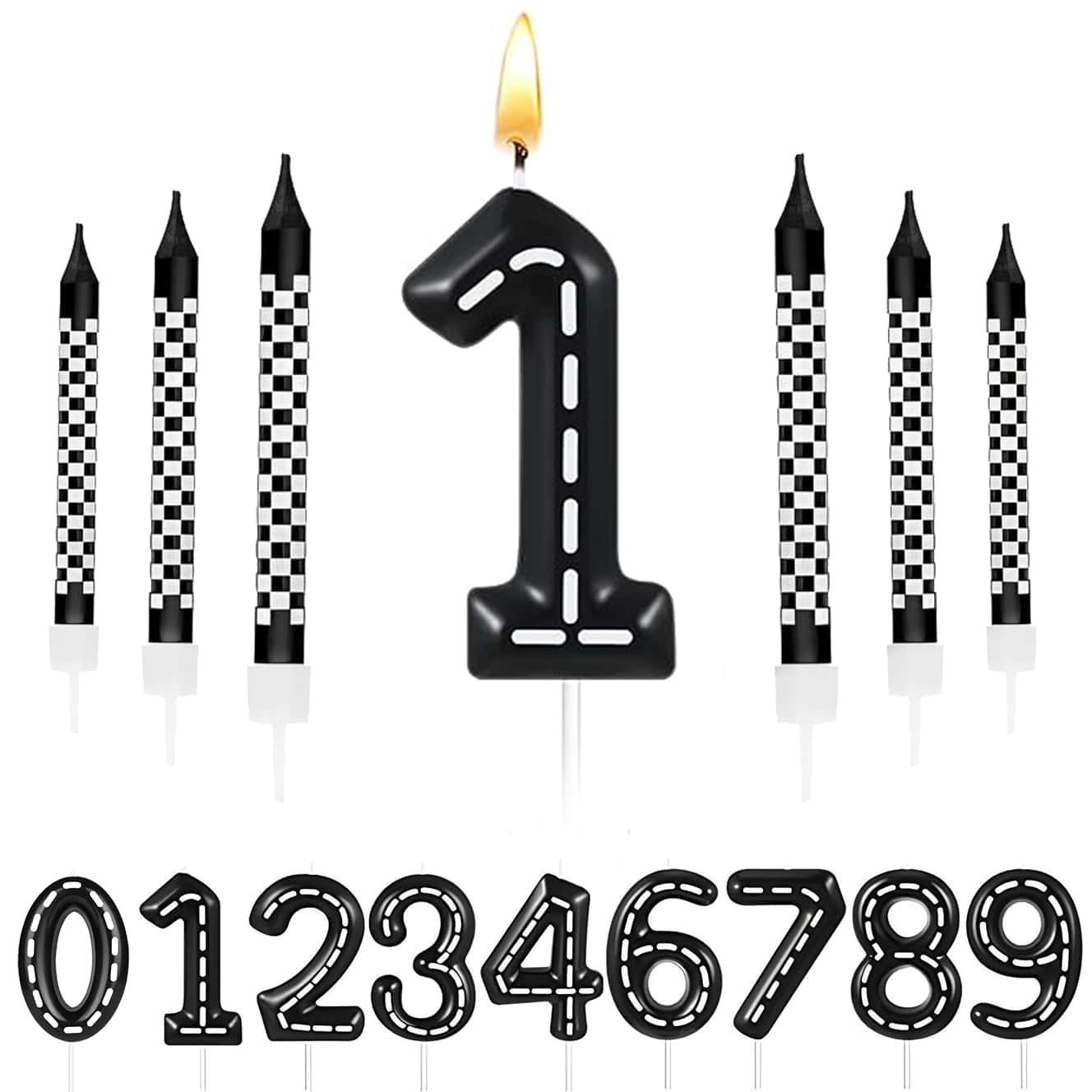 7支装赛车主题生日蜡烛，方格图案，数字1-9，卡车造型，蛋糕装饰，适用于赛车主题派对装饰、婴儿派对、男孩/女孩/青少年生日蛋糕装饰、同学聚会、最佳生日礼物、毕业典礼、圣诞节装饰、家居圣诞礼物、情人节装饰