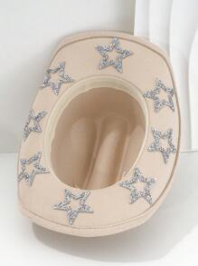 1pc Solid Unique Shiny Rhinestone Stars Hollow-Out Printed Cowboy Hat, Suitable For Parties, Western-Themed Activities, Gatherings, Engagement Parties, Role-Playing, Graduations, Costume Parties, Festivals, Weddings, Birthday Celebrations, Music Festivals, And Adult Ceremonies. Street Fashion, 2024 Wedding Essentials, Classy Aesthetic, Dinner Party Essentials, Perfect For Single Ladies And Cowgirls, Girlcore, Vintage, Floral, Spring Summer Bright Colors, Pink Aesthetic, Novelty Punk Style Wide Brim Hat. Halloween