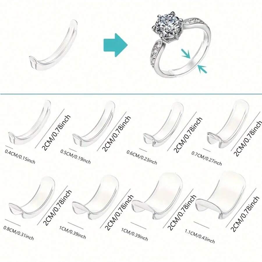 8pcs Ring Adjuster Ring Size Ruler For Loose Rings Ring Guard For Loose Rings Fits Any Ring, Invisible Ring Size Adjuster Will Never Slip Off And Rotate - White - View 1