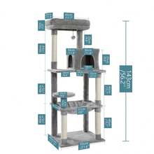 56 Inches Multi-Level Cat Tree With Cozy Condos Hammock Sisal-Covered Scratching Posts With Hanging Ball For Indoor Cats - Xám - Xem 5