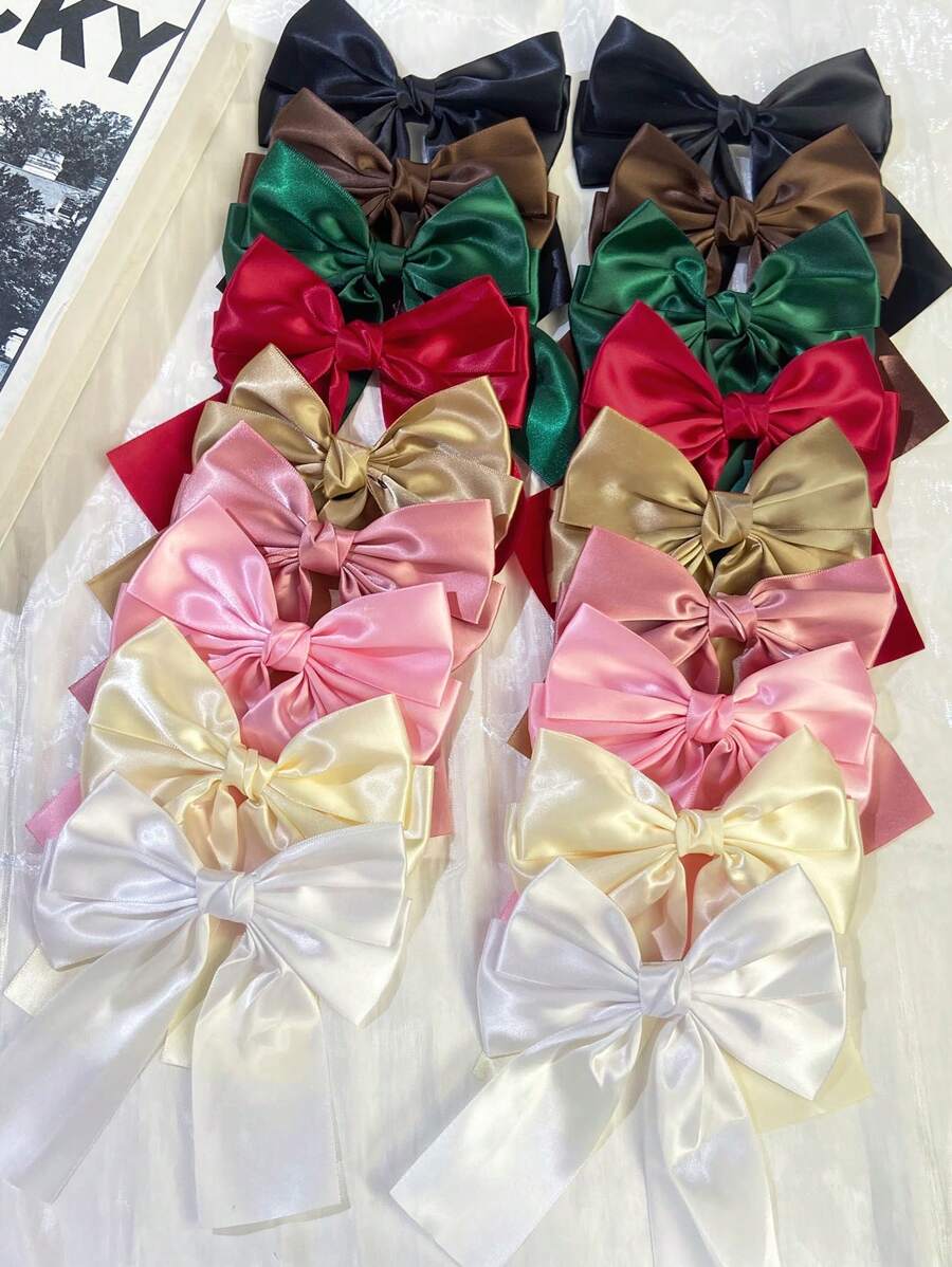 18 Piece Set Solid Color Ribbon Bow Hair Clip, Sweet Style Satin Bow