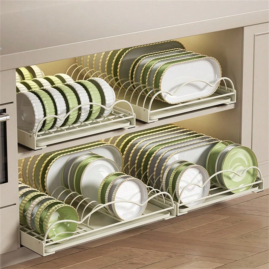 1入組帶碗碟架拉出式櫥櫃收納盤，免打孔調味碗碟和碗碟存放架，耐用收納和組織滑動式餐具櫃架，適用於廚房，家庭廚房用品 - 彩色 - 查看 1