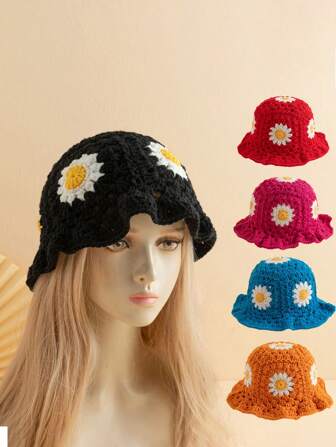 1 件女士时尚 Y2K 手工钩针向日葵和雏菊渔夫帽针织帽，适合日常穿着冬季秋冬装