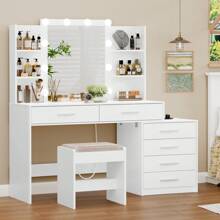 48" Large Vanity Desk With Mirror & Lights, Makeup Vanity With 6 Large Drawers & Power Strip, 4 Open Storage Shelves, Vanity Table Set 3 Lighting Modes Brightness Adjustable For Bedroom - White - View 2