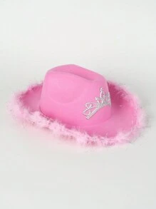 Unisex Western Cowboy Hat With Pink Crown, Feather & Fluffy Decoration, Perfect For Parties And Celebrations - Pink - View 7