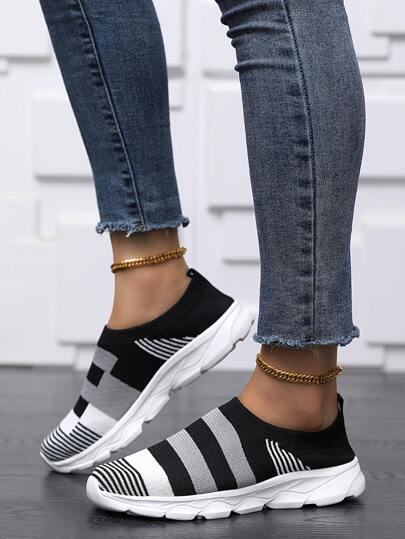 女士針織運動襪鞋，純色低幫透氣輕便跑步鞋