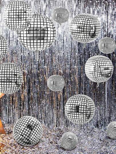 5pcs Silver Disco Theme Balloons Decor, Suitable For Birthday Party, Anniversary And Celebration Background