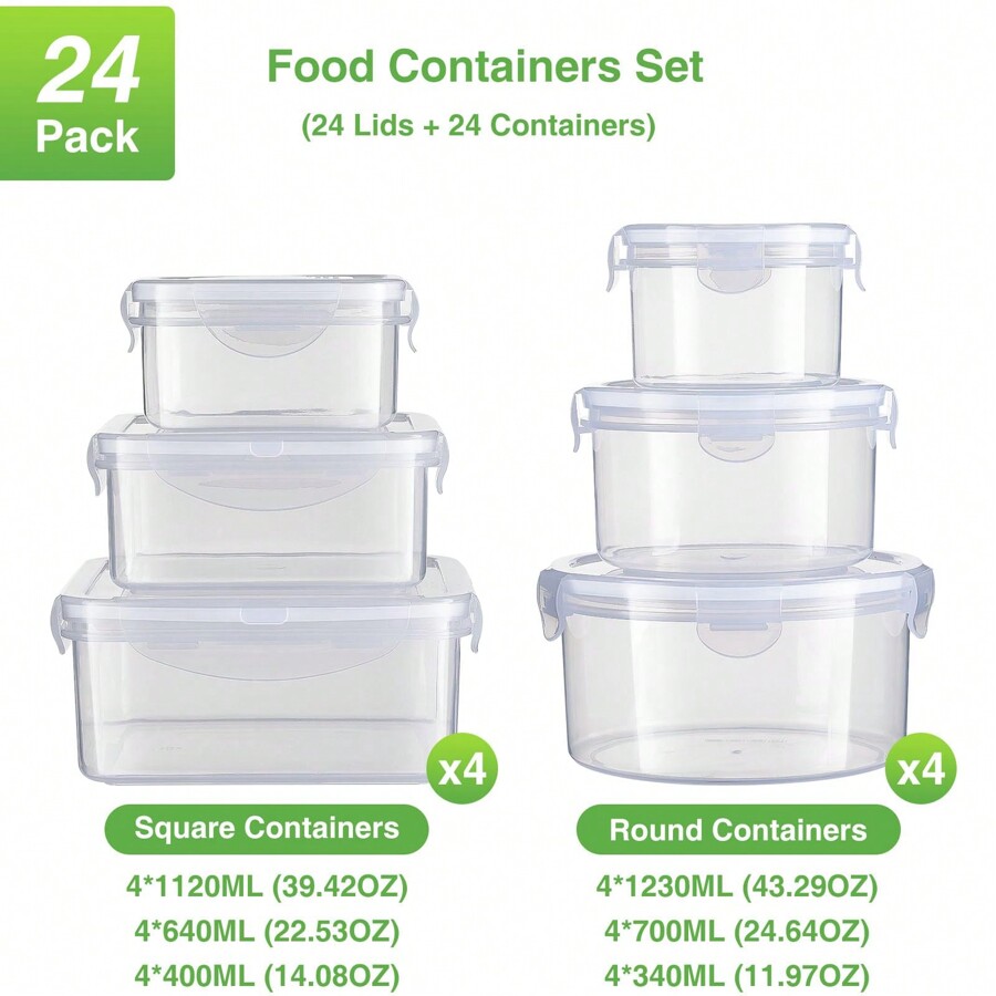 Plastic Food Storage Containers With Lids 48 Sets (24 Containers & 24