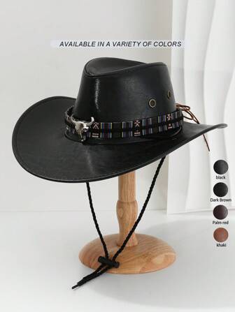 1 Stück Unisex Cowboyhut aus einfarbigem Kunstleder, bohemian farbige Hutband mit 3D Stier Verzierung, neuer vintage Cyberpunk BR Stil, breitkrempiger verstellbarer Hut, Streetstyle, Geschenk für Herren, geeignet für Party, western-Motiv Aktivitäten, Cosplay, Graduationsfeier, Maskenball, Festival, Geburtstag, Musikfestival, Reise, Wandern, Halloween usw.
