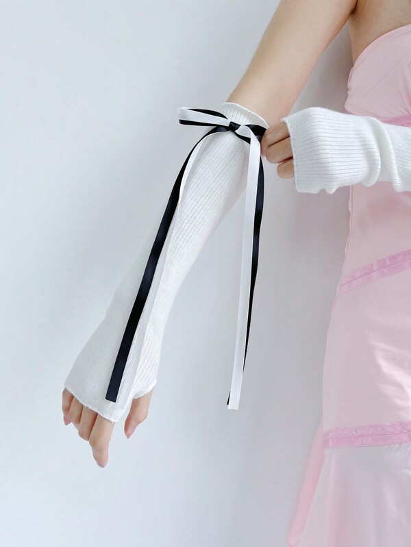 1 Pair Girls Decorative Gloves/Arm Sleeves, Cute Pink Arm Warmers, Elegant Bowknot Ballet Style Long Gloves, Simple White/Black Fingerless Gloves, Fashion UV Protection Arm Sleeves, Y2K Knitted Gloves, School Performance Accessory Gloves/Arm Warmers