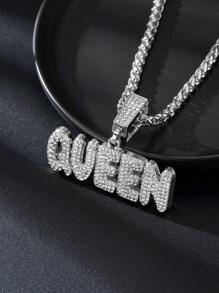 1pc Silver 3D Cubic Zirconia QUEEN Letter Pendant Chunky Figaro Chain Necklace, Unisex. Hip-Hop Style Men's Full Diamonds QUEEN Letter G Chain , Suitable For Daily Wear And Festival, Prefect Gift For Couples And Lovers.