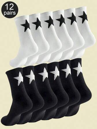 12 Pairs Black & White Star Design Mid-Calf Socks, Moisture-Wicking Soft, Versatile For All Seasons, Fall