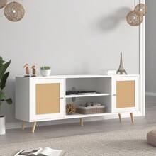 68IN Rattan TV Stand For 75/65 Inch TV,Mid Century Entertainment Center With Natural Rattan Door, Large Boho Media TV Console, Television Stand For Living Room - trắng - Xem 4