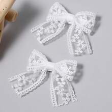 2pcs Small White Lace Hair Bow Clips With Long Tail Ribbon Bow Alligator Barrettes Pins Teen Toddler Baby Flower Girls Wedding  Pageant Birthday Party Dress Decor Accessories Gift