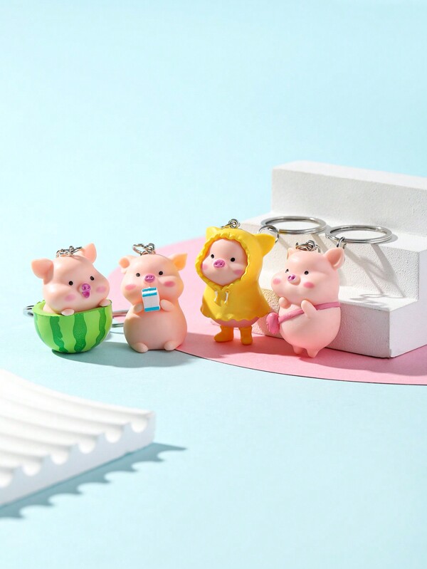 4 piezas Llavero creativo y lindo de cerdo 3D de dibujos animados, ideal para llaves de coche, bolsos, decoración del hogar, accesorios de coche, adorno de bolso, escuela