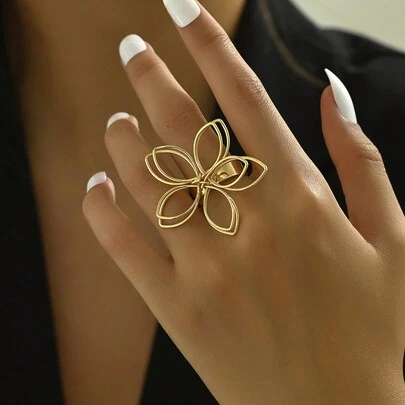 1 pieza Anillo ajustable con diseño vintage sencillo de flor de cinco pétalos hueca como decoración, regalo para San Valentín, mamá, madre, Día de la Madre