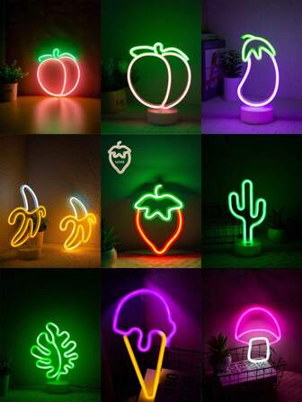 1pc Fruit Neon Light, Peach, Eggplant, Banana, Strawberry, Cactus, Monstera, Ice Cream, Mushroom, Neon Light, 1 To 8 USB Power Cord, Multiple Colors Available, LED Atmosphere Lamp, Room Decor Unique Shaped Lamp, Bedside Desk Ornament, Bedroom Decor, Bar Music Festival, Holiday Applicable, Powered By USB 5V 1A Or 3pcs AA Batteries (Batteries Not Included) (Turn On Battery Box Switch When Using USB)
