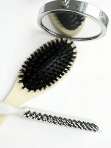 2入組防糾結木質毛刷套裝，防靜電和防打結，橢圓形和彎曲帶氣囊手柄，適合女性家居使用 - 米色 - 查看 3