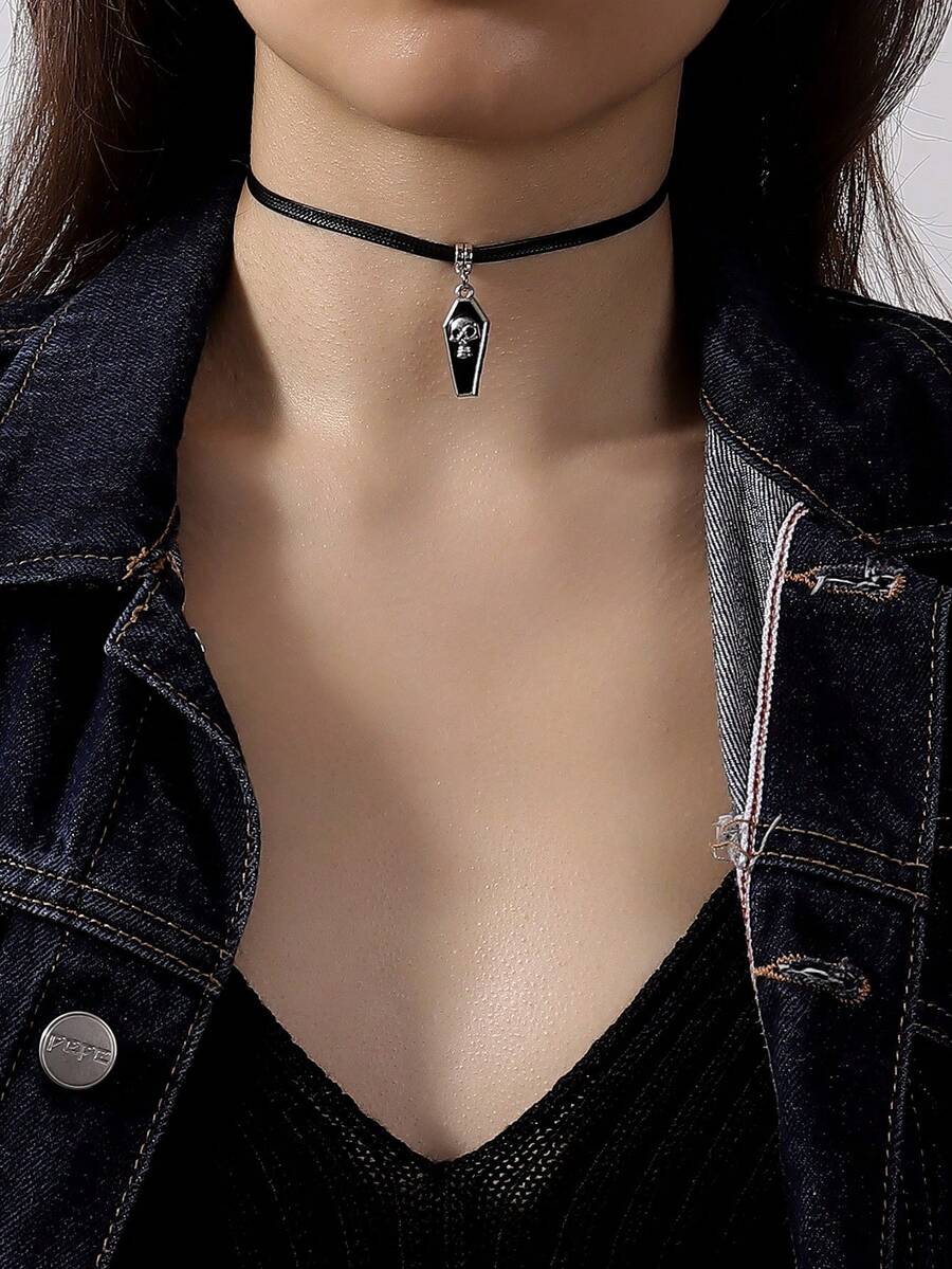 1Pc Gothic Phong Cách Punk Tối Giản Tranh Sơn Dầu Hình Học Đầu Lâu Mặt Dây Chuyền Vòng Cổ Gợi Cảm, Thích Hợp Cho Phụ Nữ Đeo Hàng Ngày Và Mặc Quần Áo - màu đen - Xem 1
