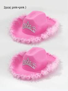Unisex Western Cowboy Hat With Pink Crown, Feather & Fluffy Decoration, Perfect For Parties And Celebrations - Pink - View 19