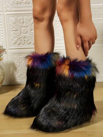 Women's Snow Boots With Fluffy Fluffy, 2024 New Autumn Winter Non-Slip Big Size Slip-On Thick Warm Fashionable Elegant Slimming  Black Shoes