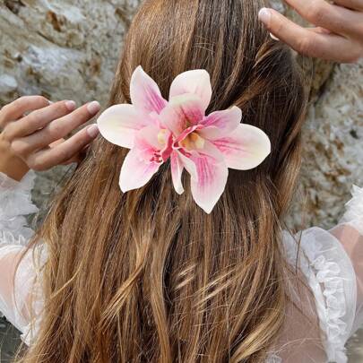 Boho 1pc Vacation Style Orchid Flower Hair Clip, Suitable For Travel Photography,Cat Ears Claw Clips Hair Claws Hair Barrettes, School Stuff, Vacation Outfits Woman