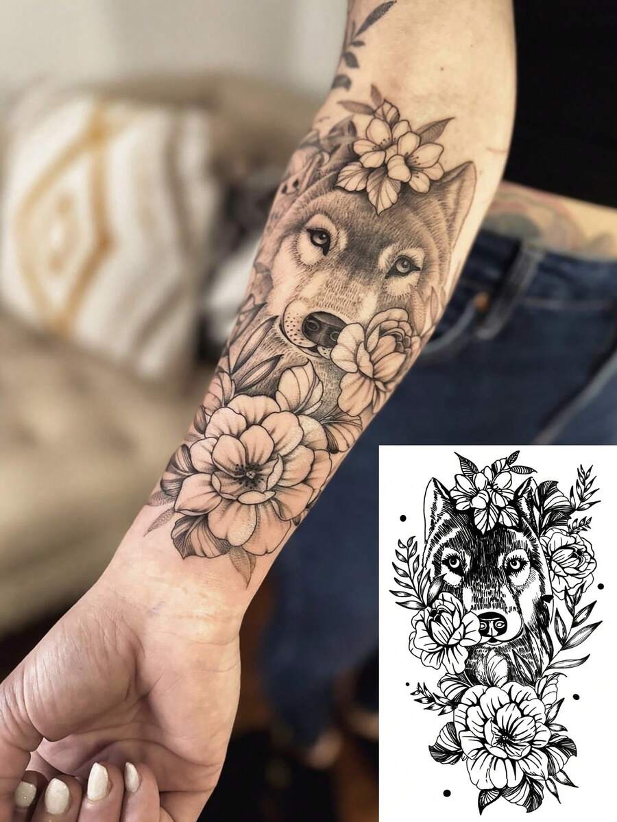 1 pièce Autocollant de tatouage temporaire lavable, PVC Florale, Loup et Conceptions Artistiques pour les Personnes Branchées, Étanche et Résistant à la Transpiration pour une Utilisation Quotidienne - Noir - Voir 1